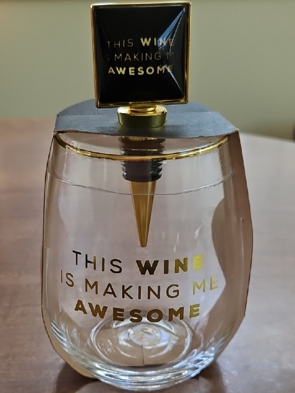"Awesome" Wine Bottle Stopper w/Matching Stemless Glass